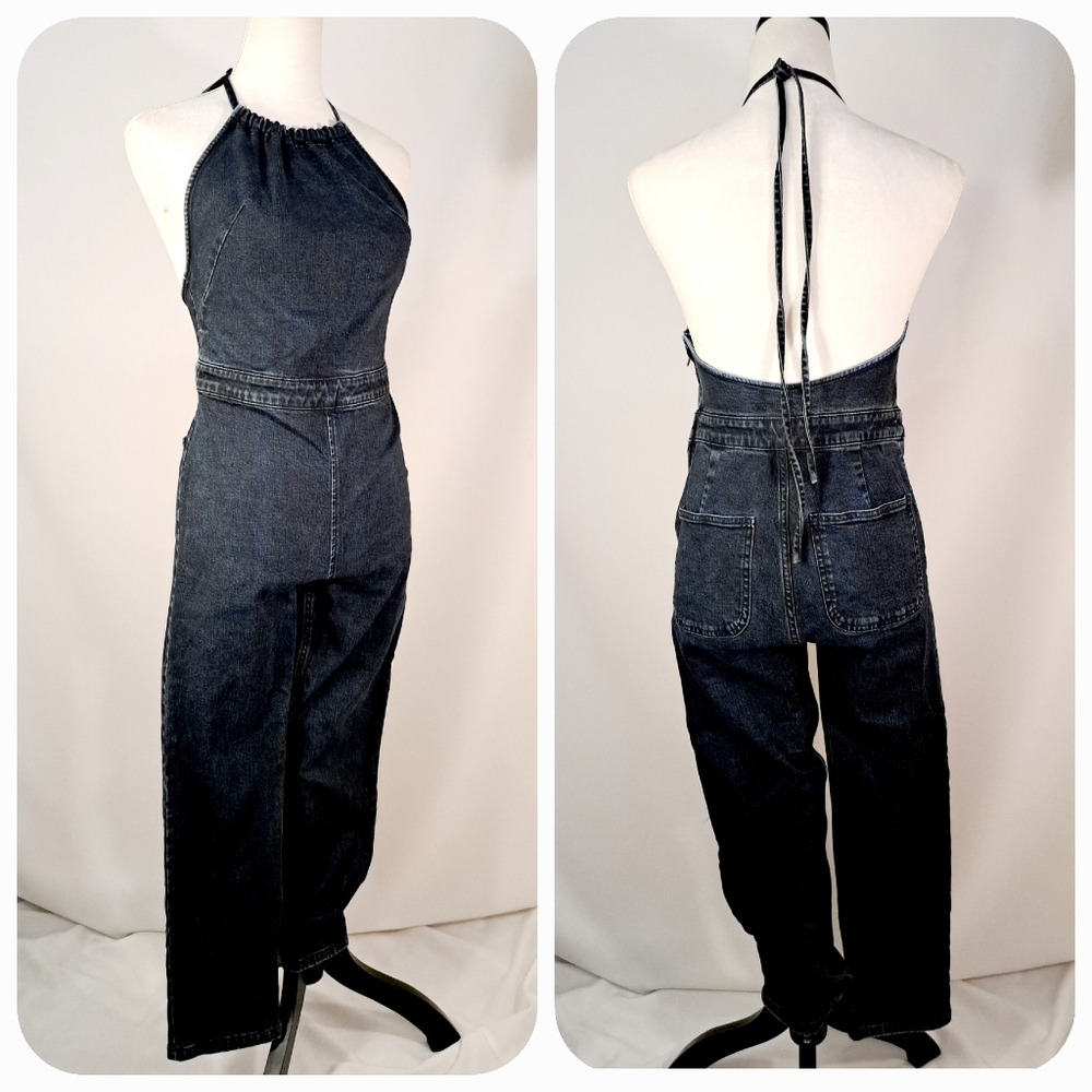 Free People Black Denim Halter Backless Jumpsuit